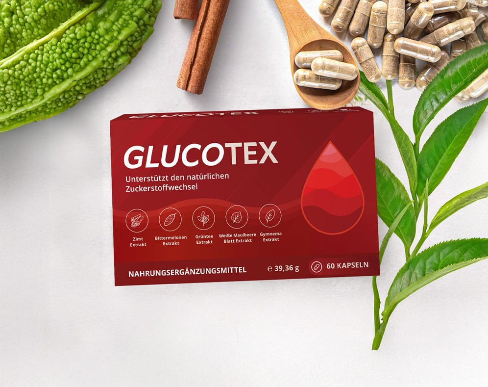 Glucotex-Packung mit abgebildeten pflanzlichen Zutaten